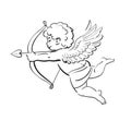 Sketch of cute funny Cupid aiming a bow and arrow. Valentines Day love symbol. Hand drawn vector illustration