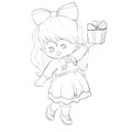 Sketch, cute girl in a beautiful dress and with a big bow on her head holding a small present in her hands, coloring book, cartoon Royalty Free Stock Photo