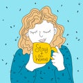 Sketch of a cute girl in a sweatshirt with a mug of warm coffee with the inscription `Stay at home`. Illustration done in cartoon