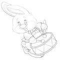 Sketch, cute hare playing with sticks on a big drum, coloring book, cartoon illustration, isolated object on a white background,