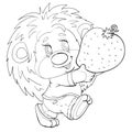 Sketch of a cute hedgehog who carries a large strawberry in his hands, coloring, isolated object on a white background Royalty Free Stock Photo