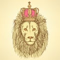 Sketch cute lion with crown in vintage style