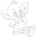 Sketch, a cute mouse with big ears and in overalls stands in front of a big piece of cheese, coloring book, isolated object on a Royalty Free Stock Photo