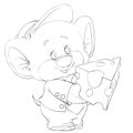 Sketch, cute mouse in a cap and clothes holding a piece of cheese in its paws, coloring, cartoon illustration, isolated object on Royalty Free Stock Photo