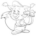 Sketch of a cute squirrel that holds in its paws a big nut tied with a festive ribbon, coloring, isolated object on a