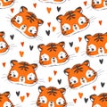 Sketch cute tiger and heart on a white background pattern seamless. Vector illustration. Childish print. Royalty Free Stock Photo