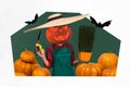 Sketch 3d picture collage of woman pumpkin instead head cutting green plant on painted background