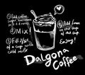 Sketch of Dalgona Coffee with recipe. Hand drawn trendy fluffy creamy whipped coffee. Korean trendy quarantine coffee.