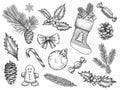 Sketch decoration xmas set. Christmas and happy new year symbols. Sock and gift, gingerbread, holly fir branches, pine