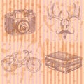 Sketch deer with mustache, suitecase, bicycle and photo camera,