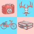 Sketch deer with mustache, suitecase, bicycle and photo camera,