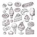 Sketch dessert. Cake, pastry and ice cream, apple strudel and muffin in vintage engraving style. Hand drawn fruit
