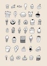 Sketch dessert. Cake, pastry and ice cream, strudel and muffin. Hand drawn fruit desserts vector set. Illustration of