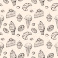 Sketch dessert seamless background. Cakes sweets cupcake and ice cream hand drawn vector wrapping texture Royalty Free Stock Photo