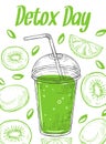 Sketch detox poster. Smoothie glass, take away green juice. Fresh fruits vitamin cocktail, fitness drink vector banner