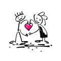 Sketch doodle human stick figure couple in love with a heart