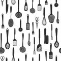 Sketch doodle illustration of kitchen tools, ware, accessories, appliances, equipment, utensils, such as knives, forks, spoons, Royalty Free Stock Photo