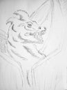 Sketch of the dragon with evil eyes and open in evil smile mouth