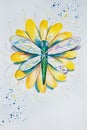 Sketch of a dragonfly on yellow flower white background. Royalty Free Stock Photo