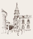 Sketch drawing of the bell tower church top view in old town Bud Royalty Free Stock Photo