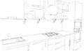 Sketch drawing of 3d modern kitchen interior with round hood
