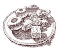 Sketch drawing of different delicious cakes on plate Royalty Free Stock Photo