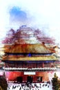 Sketch and Drawing Digital water color of aerial view of ancient palaces in the forbidden city in sunset background, Beijing, Royalty Free Stock Photo