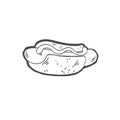 Sketch drawing doodle icon of hotdog with mustard