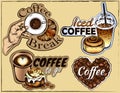 Sketch drawing icons of coffee break, iced coffee, drink to go, coffee beans in heart shape, cappuccino, latte, espresso