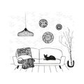 A sketch drawing of the interior of the room, a cat on the couch, a hand sketch with contour lines. Vector illustration Royalty Free Stock Photo