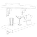 Sketch drawing of kitchenware on shelf