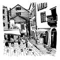 Sketch drawing of Kotor street Montenegro