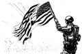 Sketch drawing patriot day background with a running man bring american flag