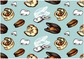 Sketch drawing pattern with colorful seafood isolated on blue background. Engraved hand drawn shrimp, prawn, clams, squid.