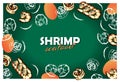 Sketch drawing shrimps poster with roasted colorful orange prawn isolated on green background. Royalty Free Stock Photo