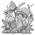 Sketch drawn contour magic mushrooms fly agaric, toadstools. Illustration for coloring book, anti stress Royalty Free Stock Photo