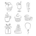 Sketch of drinks, pastries, sweets, gift for the holidays. Elements isolated on white. Vector illustration