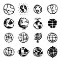 Sketch earth. Map world hand drawn globe, earth circle concept continents contour planet oceans land doodle set Royalty Free Stock Photo