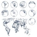 Sketch of earth planet continents. World map