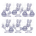 Sketch Easter Bunny Holding Egg and Basket Set Characters Royalty Free Stock Photo