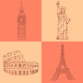 Sketch Eifel tower, Coliseum, Big Ben and Statue of Liberty, vector set