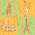 Sketch Eifel tower, Coliseum, Big Ben and Statue of Liberty, vector set