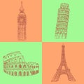 Sketch Eifel tower, Pisa tower, Big Ben and Coliseum, vector set