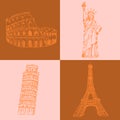 Sketch Eifel tower, Pisa tower, Coloseum and Statue of Liberty,