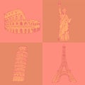 Sketch Eifel tower, Pisa tower, Coloseum and Statue of Liberty,