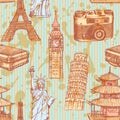 Sketch Eiffel tower, Pisa tower, Big Ben, suitecase, photocamera, Chinese temple and Statue of Liberty, vector seamless pattern