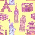 Sketch Eiffel tower, Pisa tower, Big Ben, suitecase, photocamera, Chinese temple and Statue of Liberty, vector seamless pattern