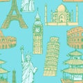 Sketch Eiffel tower, Pisa tower, Big Ben, Taj Mahal, Coliseum, C