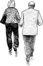 Sketch of an eldelry spouses going on a stroll Royalty Free Stock Photo