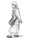 Sketch of elderly city woman going for a stroll